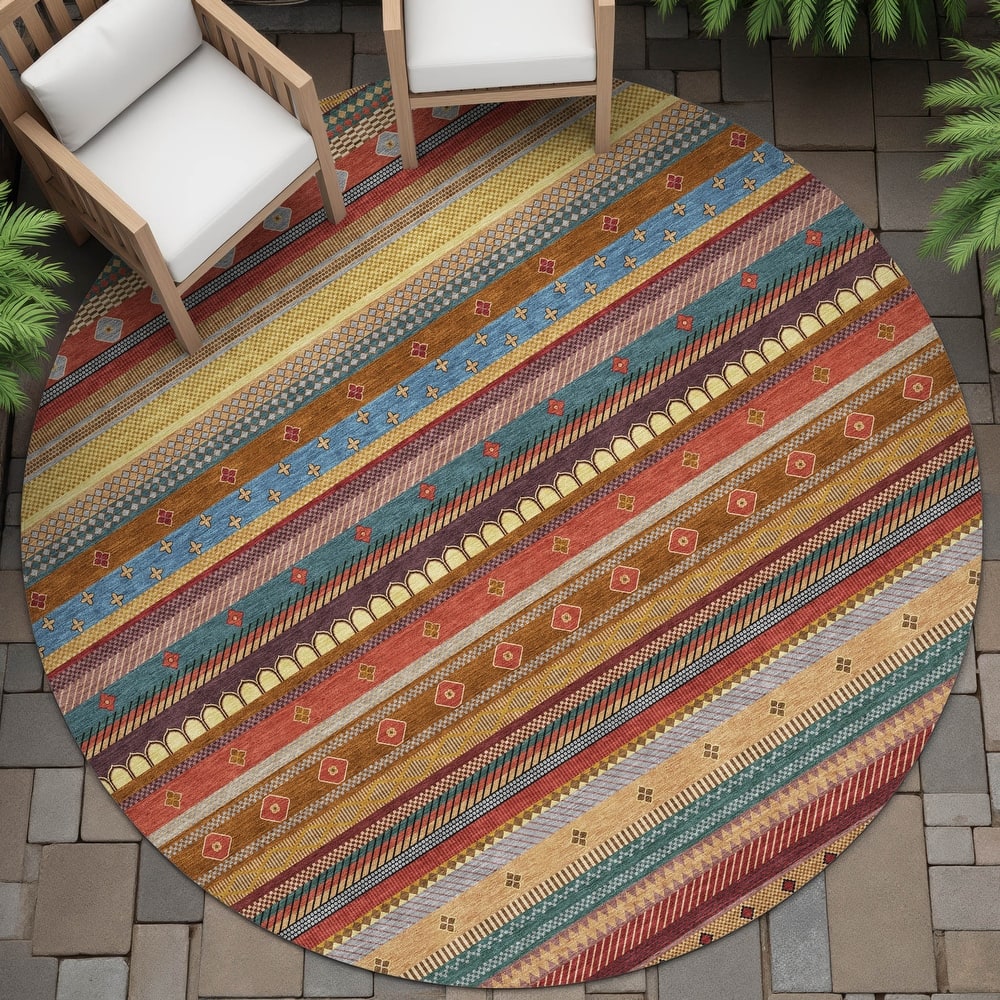 Machine Washable Indoor/Outdoor Boho Stripes Chantille Rug