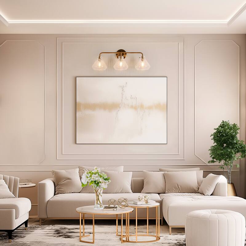 Modern Gold 3-Light Bathroom Vanity Light Glass Wall Sconces - W 23.6" x D 7" x H 10"