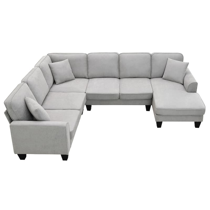 Grey 108" Modern U-Shaped 7-Seater Sectional Sofa Set with 3 Accent Pillows and Chaise, for Living Room
