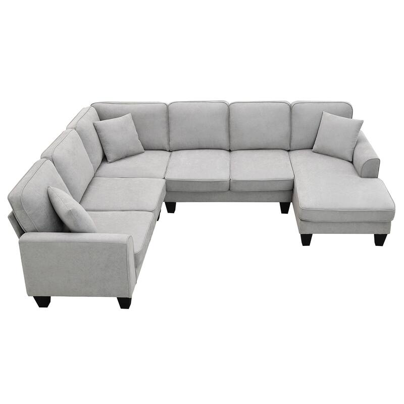 Grey 108'' Spacious U-Shaped 7-Seater Sofa Set with 3 Pillows and Chaise, Ideal for Living Room or Apartment