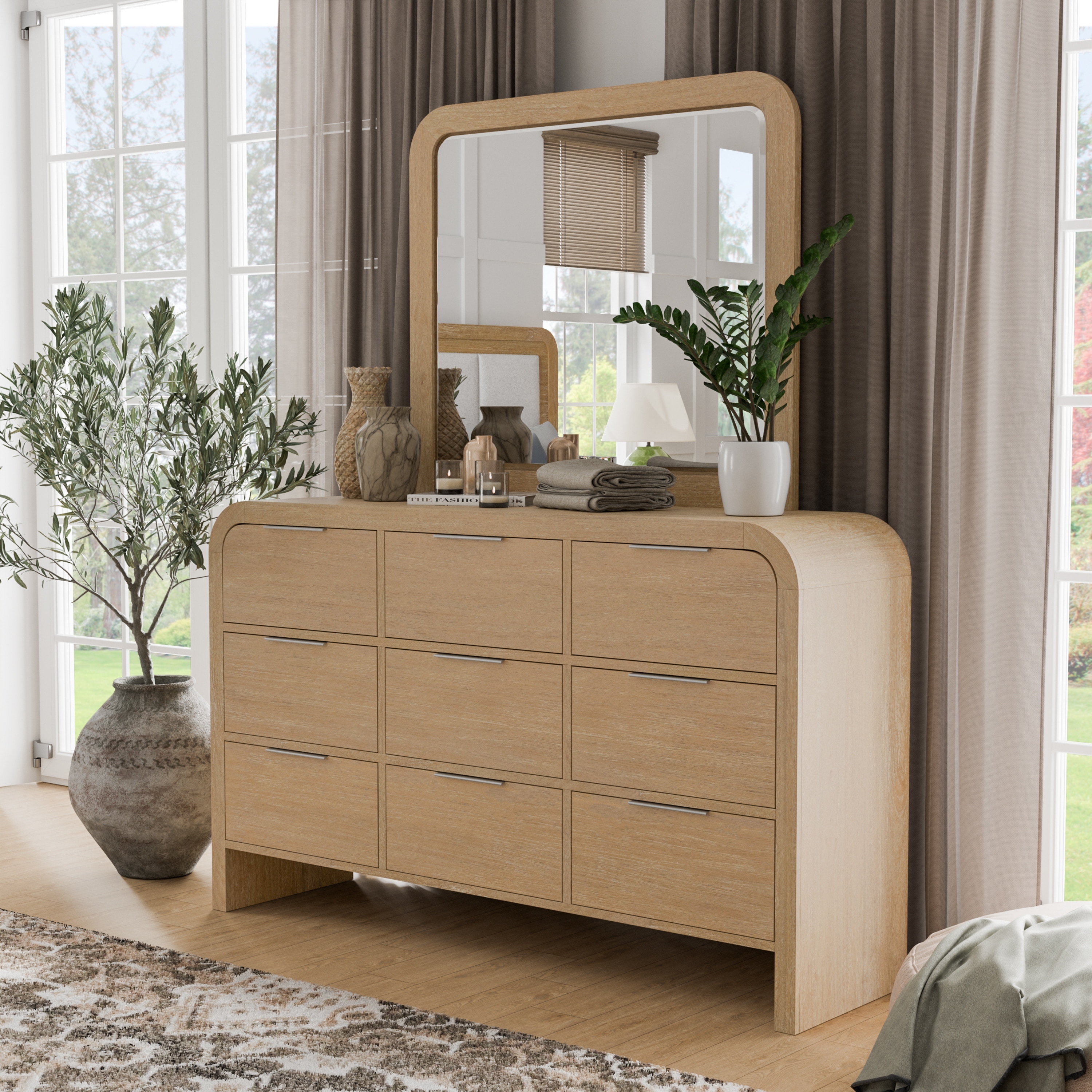 Furniture of America Elowyn 2-piece Modern Natural Solid Wood Dresser and Mirror Set