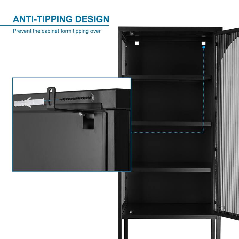 Stylish Tempered Glass High Cabinet with Arched Door Adjustable Shelves and Feet Anti-Tip Dust-free Fluted Glass Kitchen