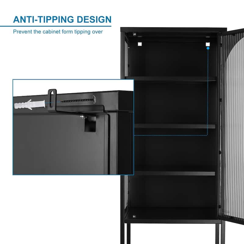 Tempered Glass High Cabinet with Arched Door Adjustable Shelves and Feet Anti-Tip Dust-free Fluted Glass Kitchen Credenza