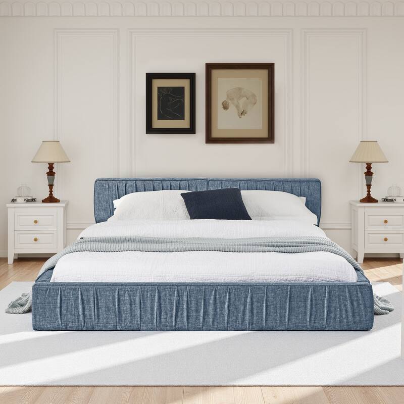 Queen Size Upholstered Bed Frame Chenille Platform Bed with Headboard and Solid Frame - Dark Blue