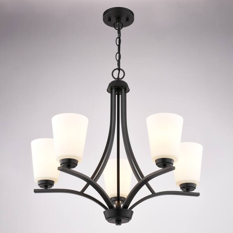VAXCEL River Grove 5-Light Matte Black Chandelier, Frosted White Glass Shades, Adjustable Height Hanging Ceiling Fixture