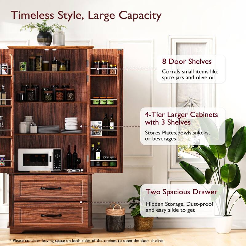 71" Farmhouse Kitchen Pantry Cabinet with 2 Large Drawers - Brown