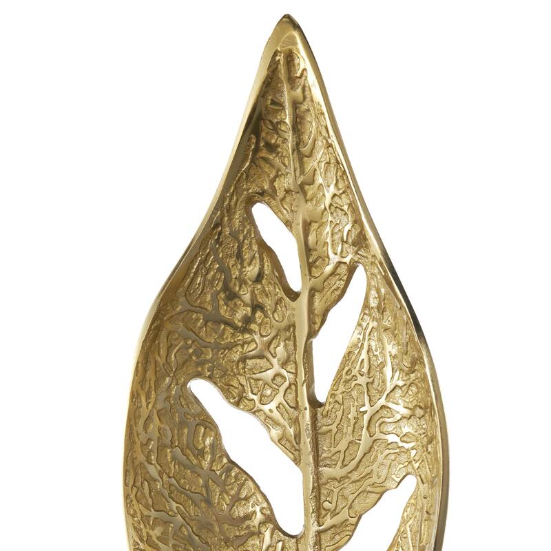 Aluminum Metal Leaf Tall Textured Cutout Decorative Sculpture with White Marble Base - Gold - Roche River Decor