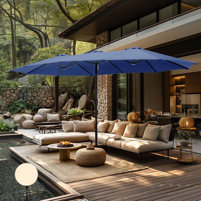 MAISON ARTS 15ft Double-Sided Patio Extra Large Twin Umbrella with Base Included - Haze Blue