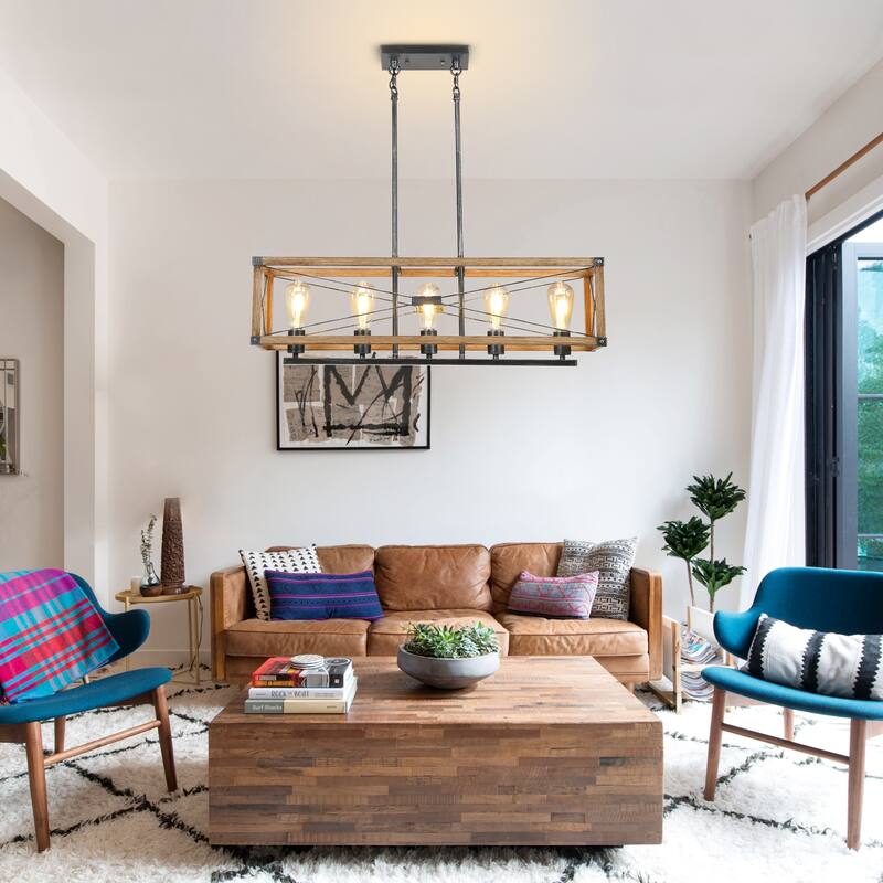 Farmhouse Black Rectangular Chandelier Island Lights for Kitchen Island Lighting - 5-Light