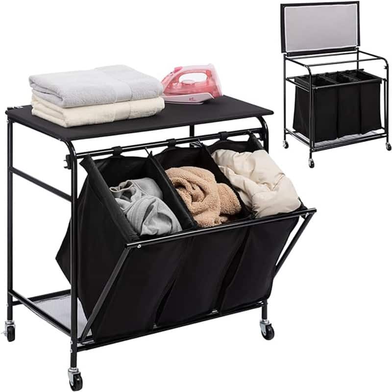 Laundry Sorter Cart Heavy Duty 3 Bags Classic Rolling Side pull Laundry Hamper Sorter - 17.32"D x 28.35"W x 30.31"H - Black