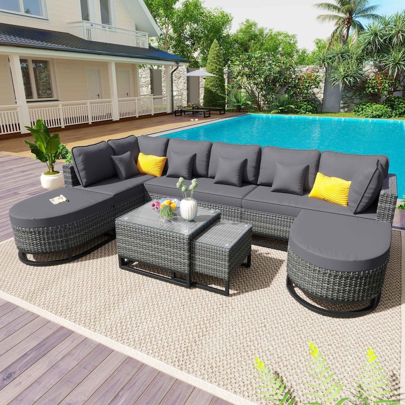 7-Piece Outdoor Wicker Sofa Set with Tempered Glass Coffee Table and Removable Cushions - Grey
