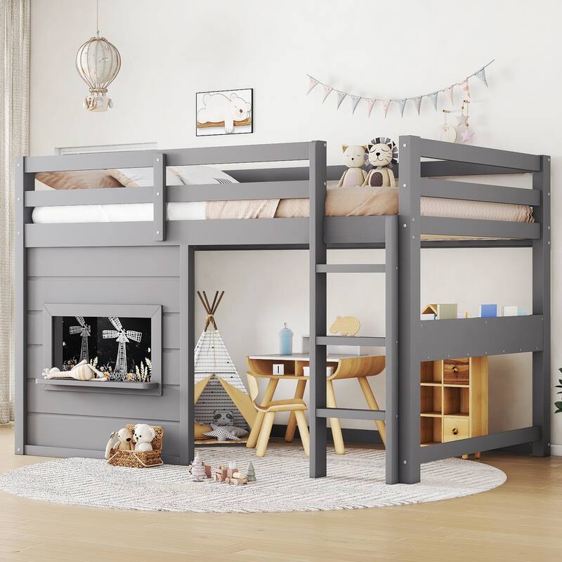 Full/Twin Loft Bed with Sliding Chalkboard, Bookshelf & Safety Rails - Grey - Twin