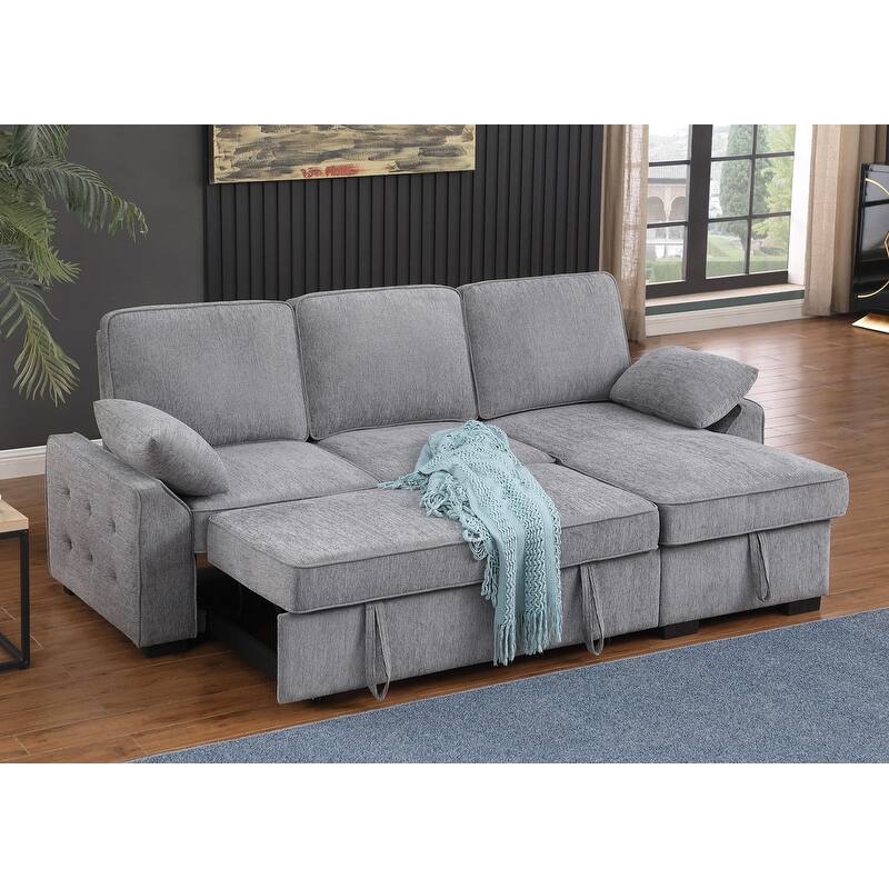 Mackenzie 91"W Chenille Fabric Reversible Sleeper Sectional with Storage Chaise, Drop-Down Table, Cup Holders & Charging Ports