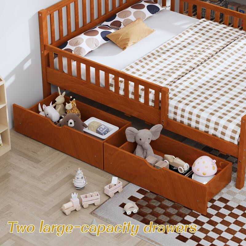 Wooden Platform Bed Underbed Storage Bed with Sides Guardrails Spindle Headboard and 2 Drawers 8.98 inch Storage Underneath