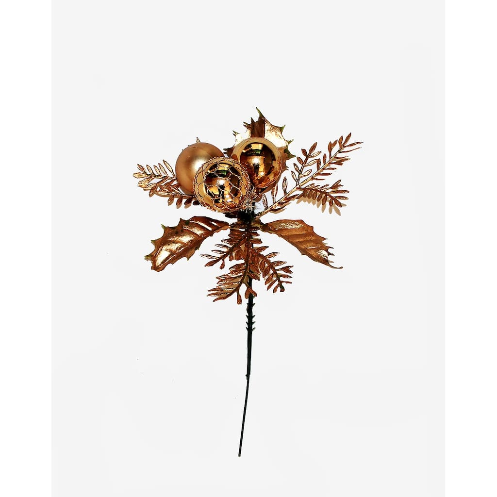 Christmas Holly & Ball Pick x 3, Gold, Set of 12 - 8"