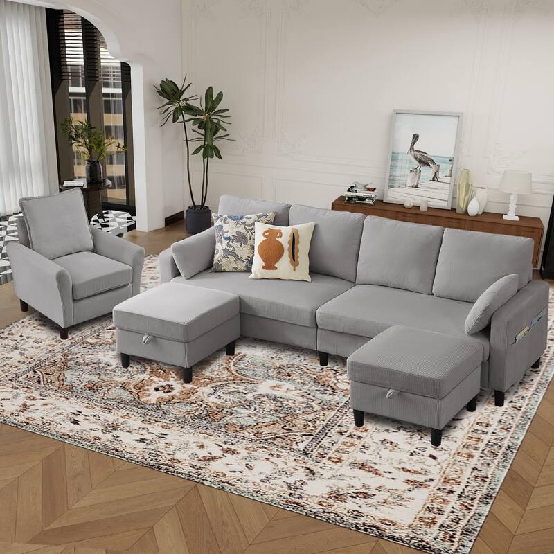 101"Corduroy 3 Piece Living Room Set Including 4 Seater Sofa ,2 Storage Ottoman and Chair