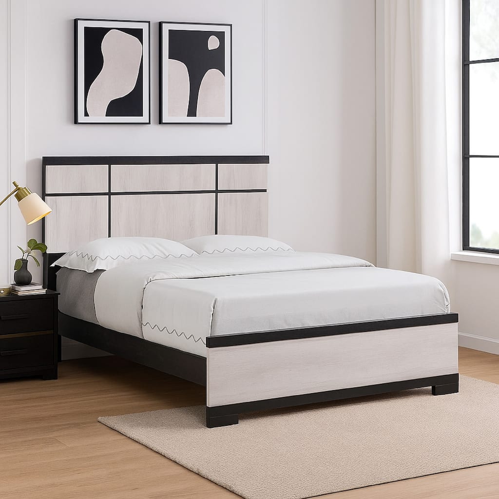 Ruthe Queen Panel Bed with Horizontal Trim Lines, White Grained Wood