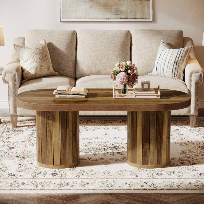 Oval Wooden Coffee Table with Cylindrical Legs