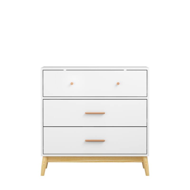 Anmytek 3 Drawer Dresser with Gold Handles Mid Century Modern White Finish Wood Legs Anti Tip for Bedroom Nursery
