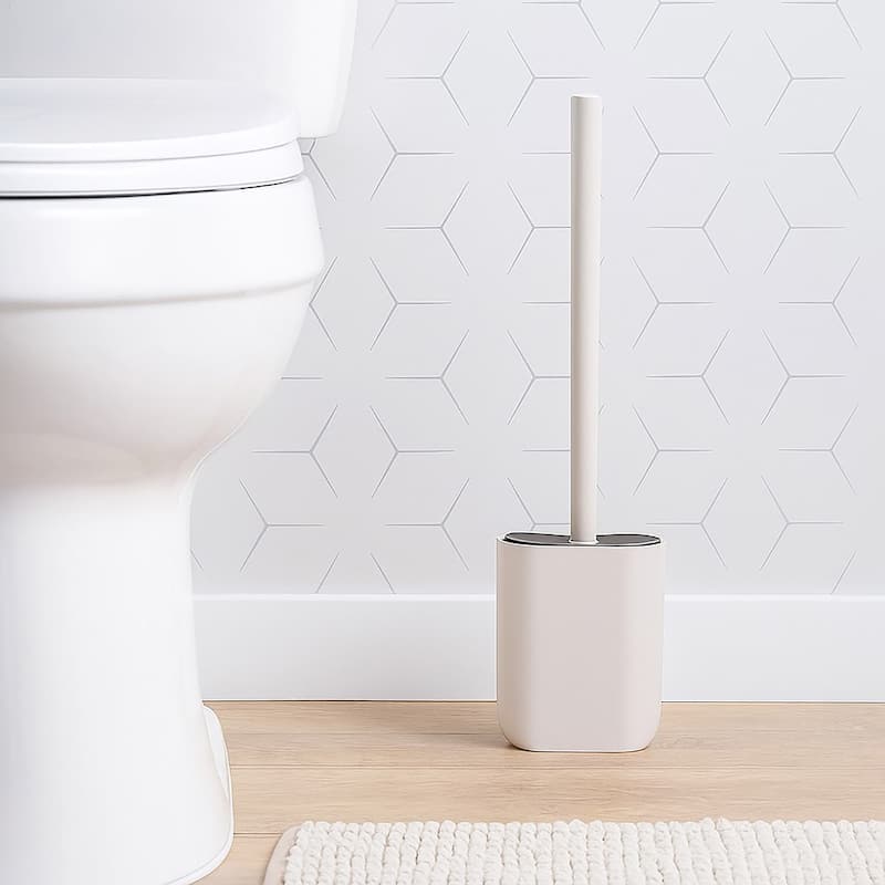 Oval Toilet Brush And Holder Set - 4 L x 2.5 W x 15.25 H - Beige