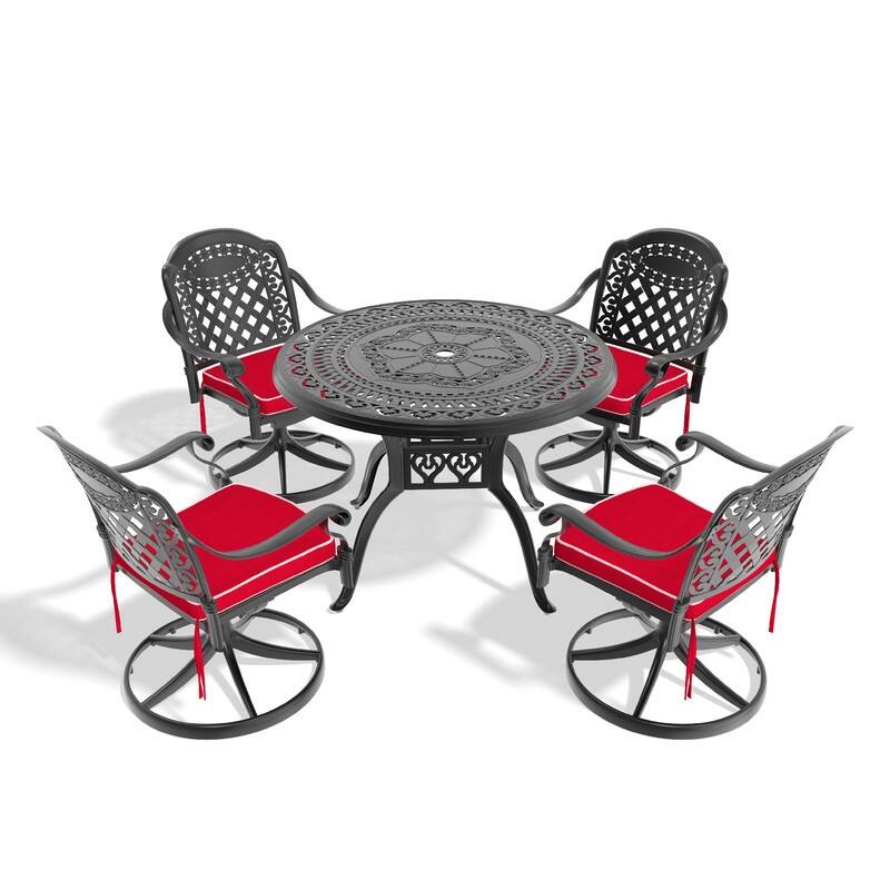 5-Piece Aluminum Round Outdoor Patio Dining Set, 4 Cushioned Swivel Chairs, Table, All-Weather Frames