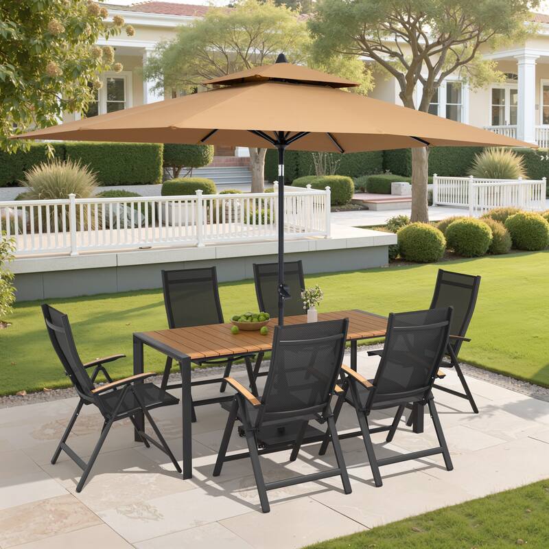 9/11-Piece Outdoor Patio Dining Set Aluminum Dining Table and Chairs w/10 ft Market Umbrella and Base with Wheels - Set of 9 - Brown Table with Tan Umbrella