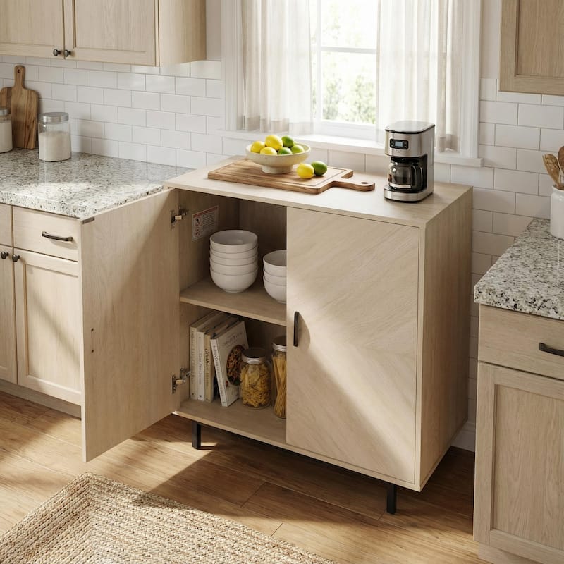 Homy Casa Herringbone Accent Cabinet, Adjustable Shelf, Living Sideboard - Beech