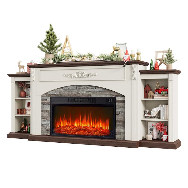 78 inch Electric Fireplace Mantel Fireplace TV Stand Entertainment Center with 30 inch Fireplace Insert Heater and Storage