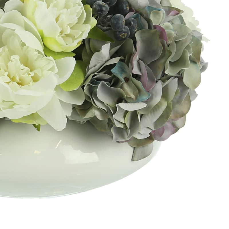 Hydrangeas, Peony and Blueberry in a Round Pot - White, Blue