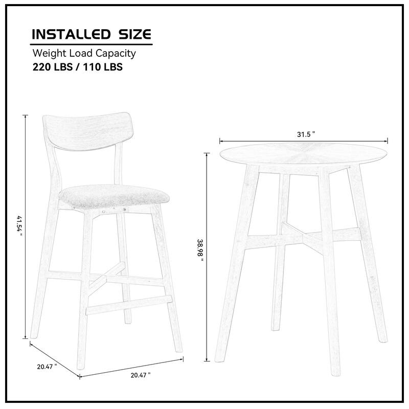 Modern 3-Piece Dining Set with Round Counter Height Bar Table & 2 Upholstered Chairs