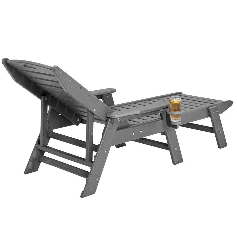 HDPE Outdoor Chaise Lounge Chair with Adjustable Backrest Armrests and Cup Holder Weather Resistant 400 lbs. Capacity