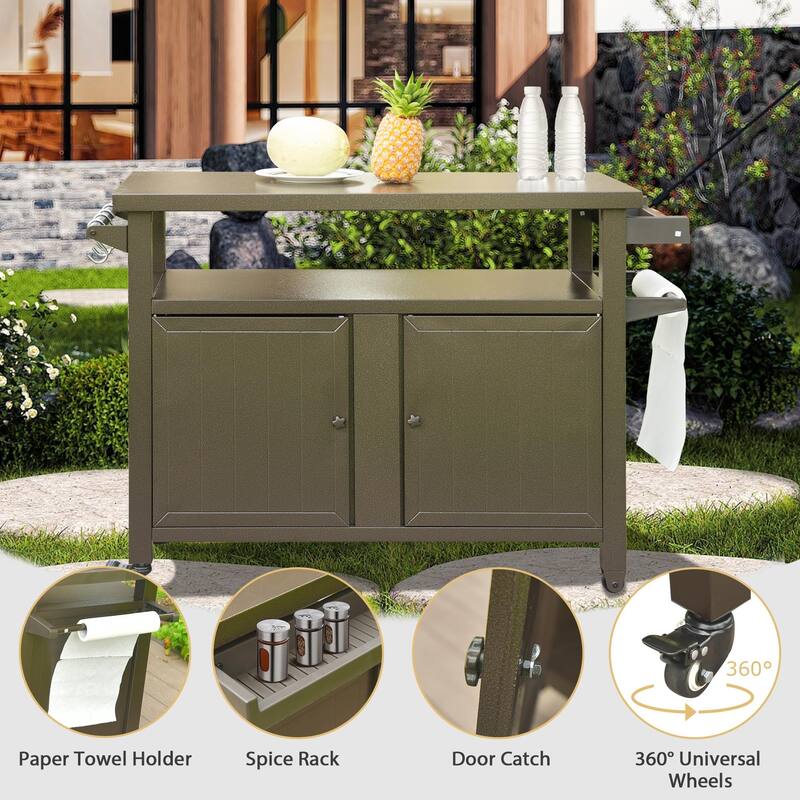GDFStudio - Holden Outdoor Metal Grill Cart with Storage Cabinet and Rolling Utility Table for Patio BBQ Use