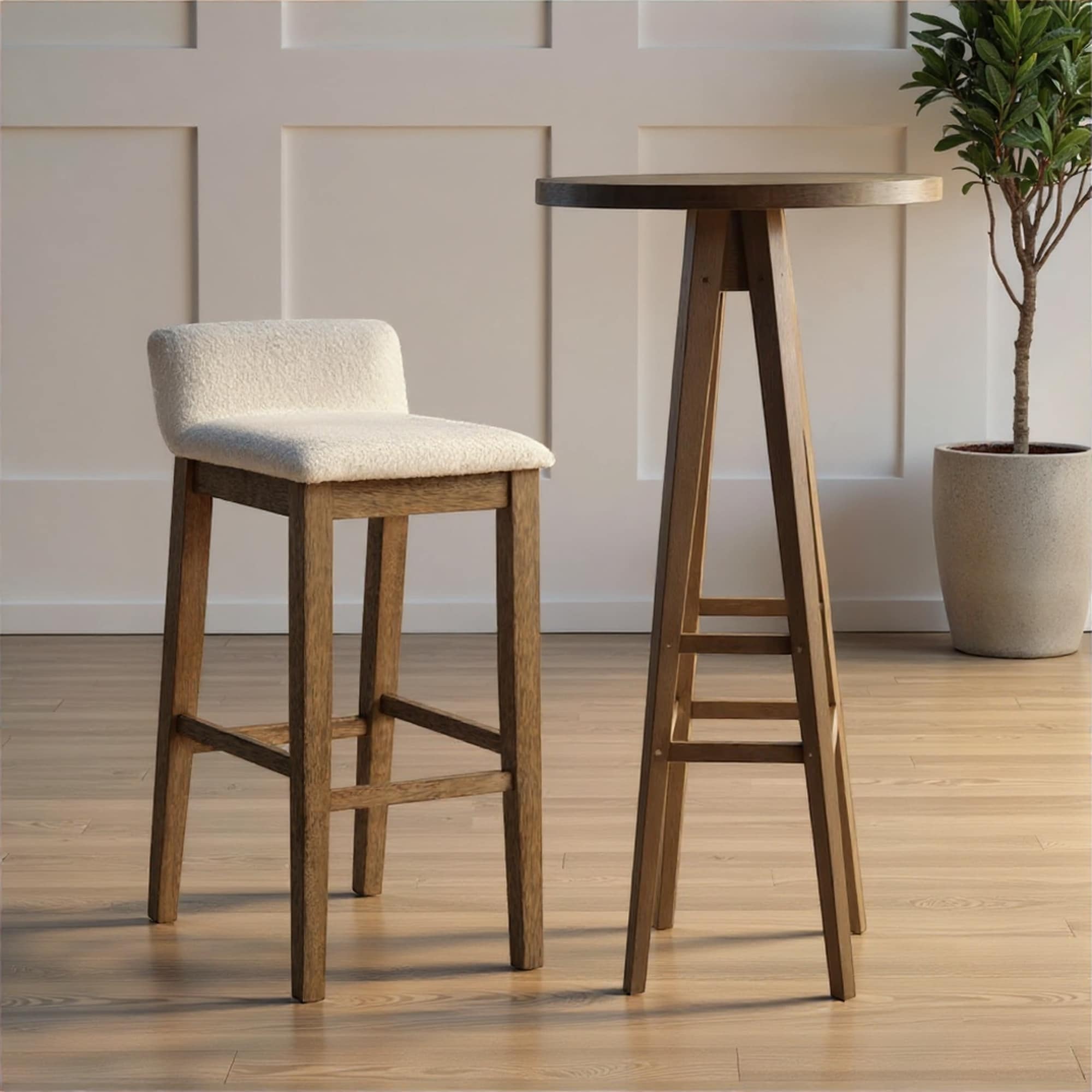 Annikah Low-Back Boucle Bar Stool, Counter Height Kitchen Barstool with Wood Legs
