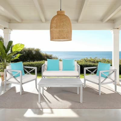 SAFAVIEH Outdoor Living Nunzio Grey Wash/White/Light Blue 4 Pc Set With Accent Pillows