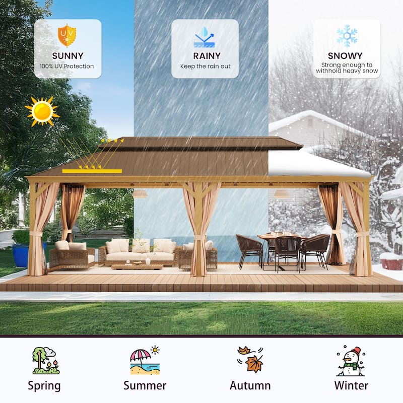 Erommy Hardtop Gazebo with Aluminum Frame and Double Roof, Permanent Outdoor Gazebo Includes Curtains&Netting for Patio Backyard