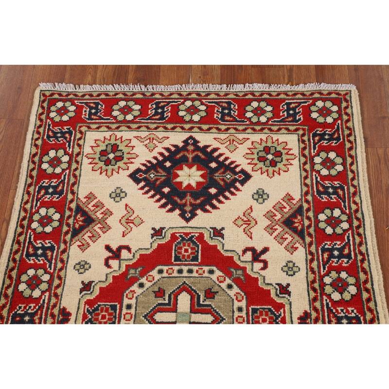 Geometric Kazak Oriental Accent Rug Handmade Beige Foyer Wool Carpet - 2'8" x 4'0"