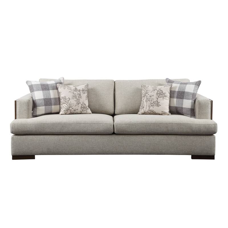 Wooden Sofa with 4 Accent Pillows and Wide Block Legs, Beige