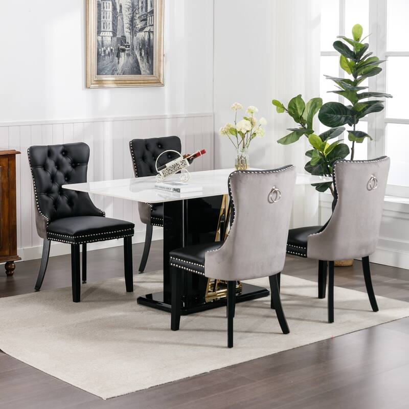Tufted Solid Wood PU and Velvet Upholstered Dining Chair with Wood Legs 2-Pcs Set