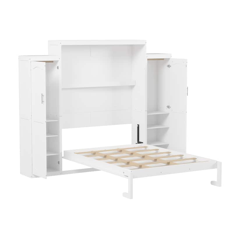 Queen Size Murphy Bed with Two Wardrobes and Multifunctional Foldable Platform Bedframe