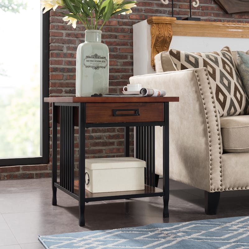 Carbon Loft Peter Matte Black Slatted Metal Oak End Table - Wood