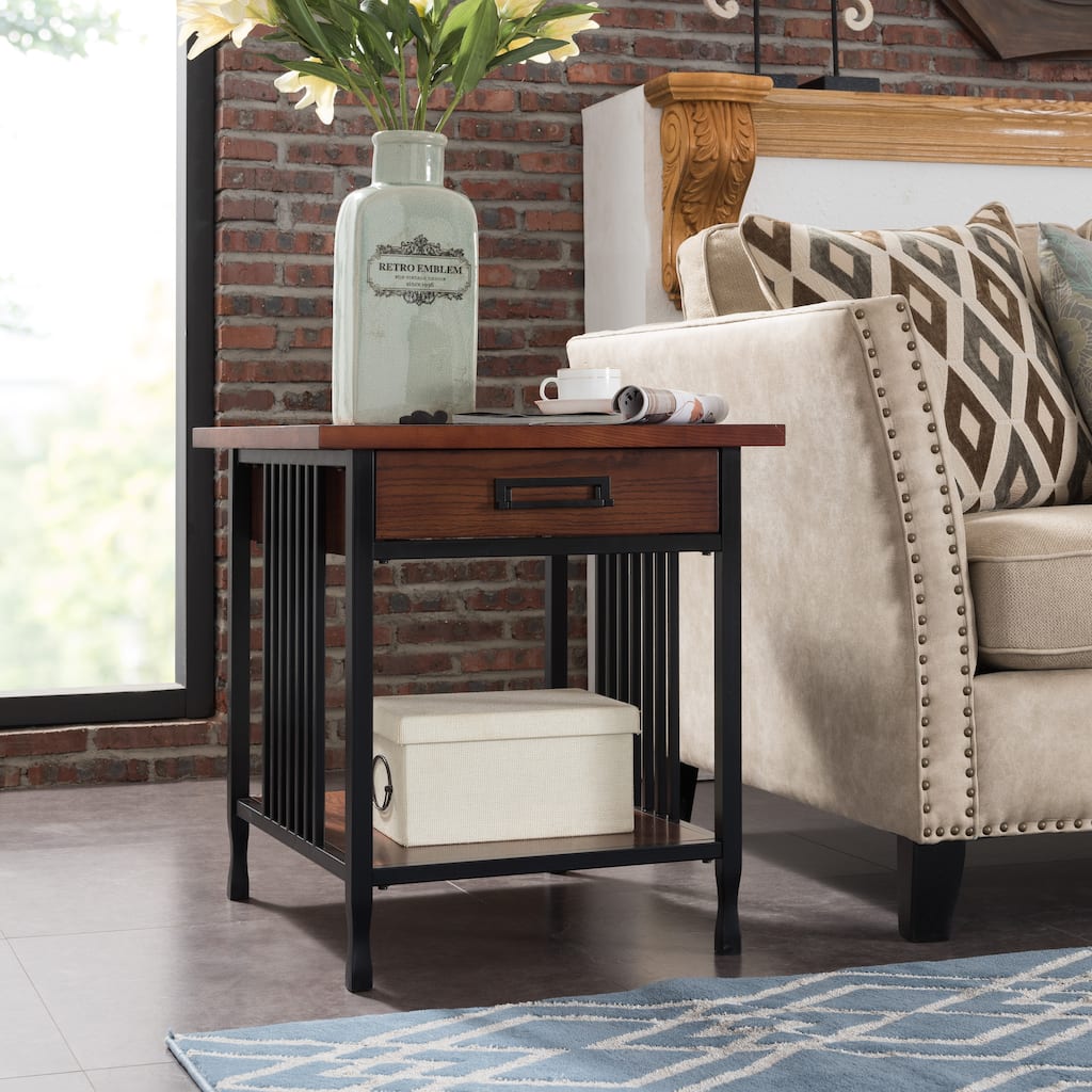Carbon Loft Peter Matte Black Slatted Metal Oak End Table