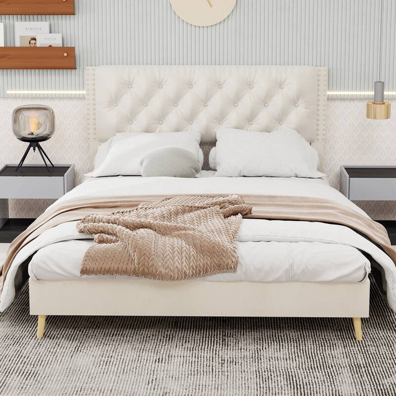 Beige Queen Size Platform Bed Frame with Upholstered Headboard