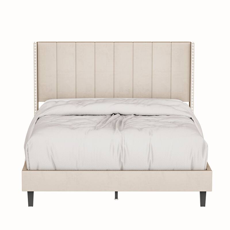 Bed Frame/Velvet Upholstered Bed Frame with Vertical Channel Tufted Headboard