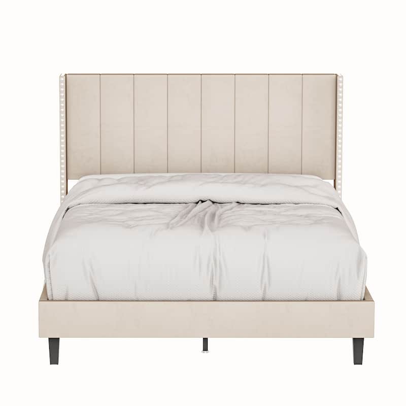Queen Tufted Upholstered Bed Velvet Bed Frame Platform with Headboard/No Box Spring Required