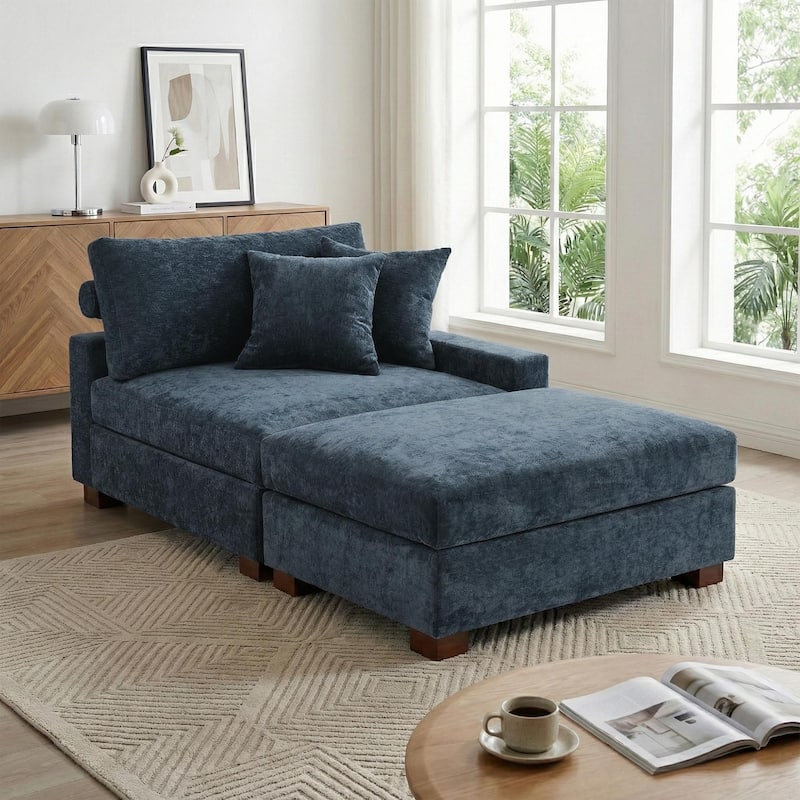 Modern Chenille Chaise Lounge Set with Ottoman - Right Facing - Blue