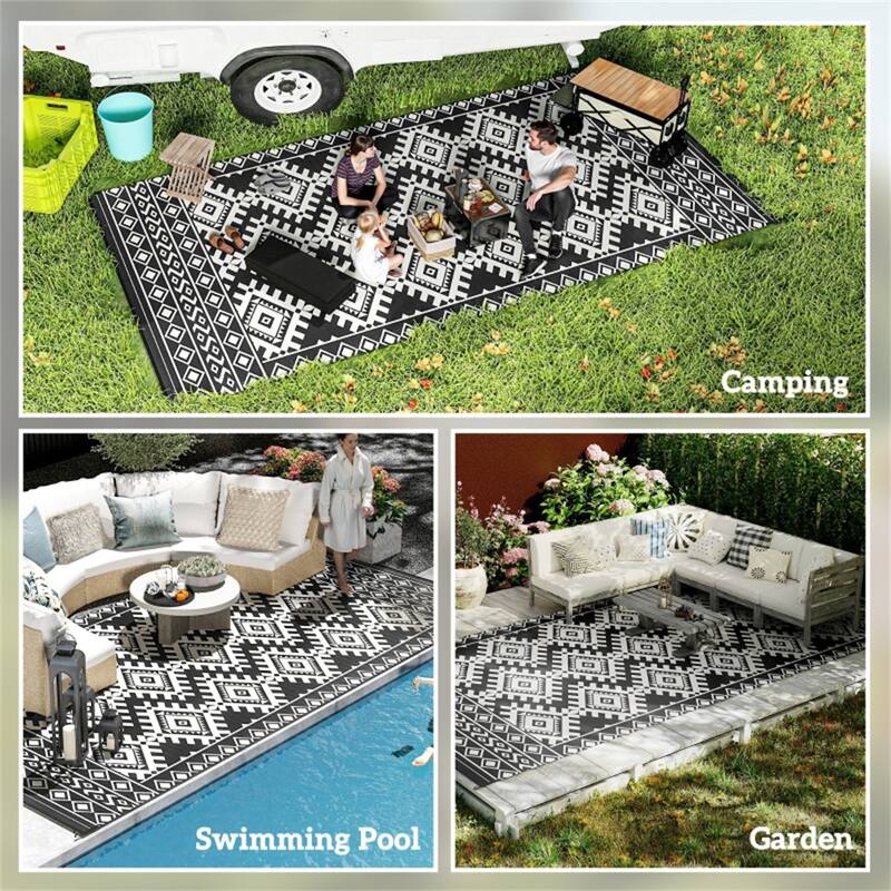 Reversible Outdoor Rug Rhombus Border UV Protected Foldable Camping RV Patio Picnic Mat