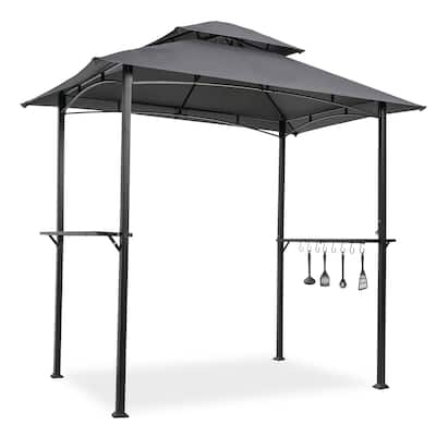 Aukfa 8'x5' Outdoor Modern Steel Grill Gazebo with Hook and Bar Counters, Gray