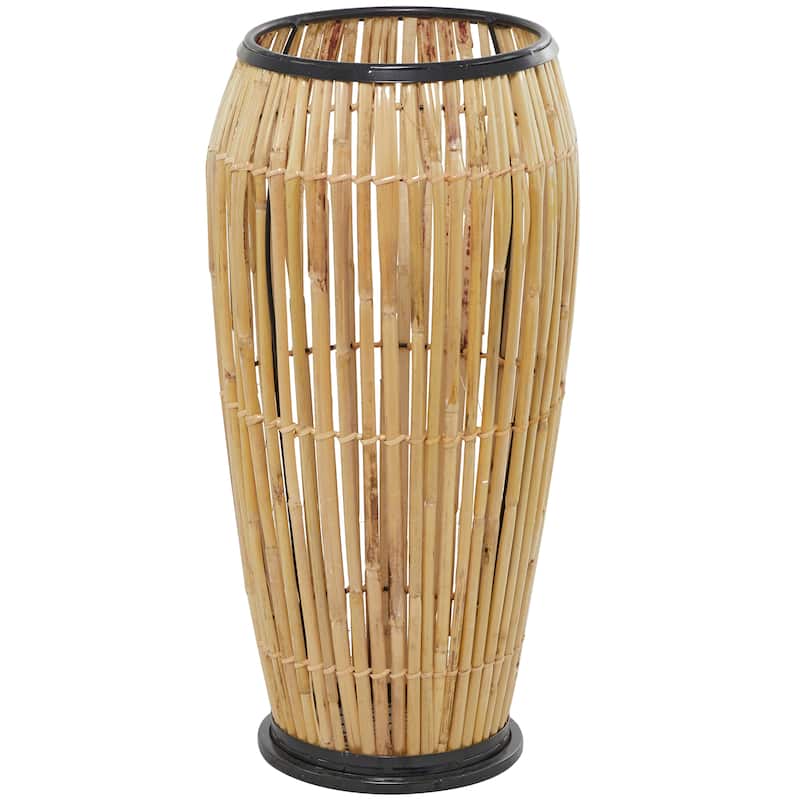 Brown Wicker Wood and Rattan Handmade Slatted Frame Vase with Black Metal Accents