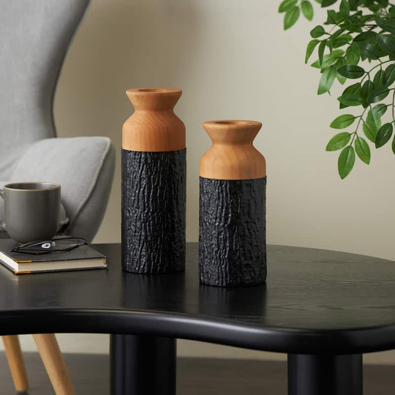 Metal Abstract Textured Color Block Decorative Vase with Brown Wood Tops - Set of 2 Black - Roche River Decor - 4"W x 4"L x 11"H