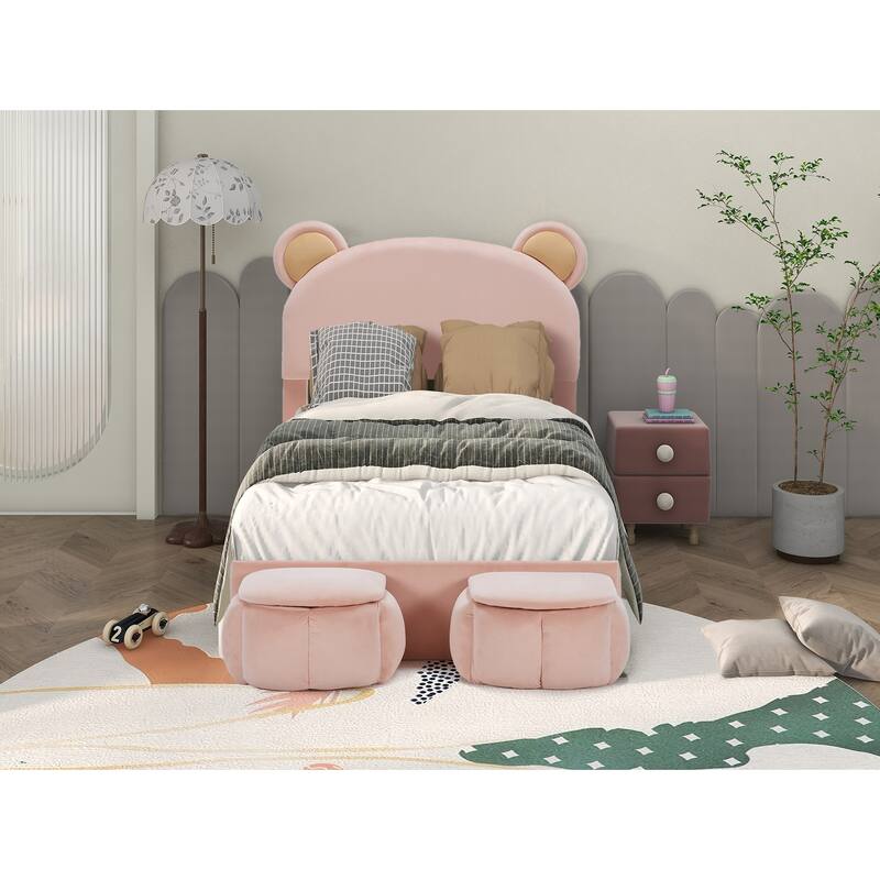 Pink Twin Size Upholstered Platform Bed with Bear Ears Headboard, Storage Stools, No Box Spring Needed, for Kids and Teens